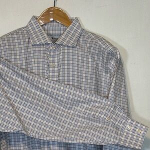 Vintage Vogue Men's White Shirt with Blue and Tan Windowpane Check 2XL T/B